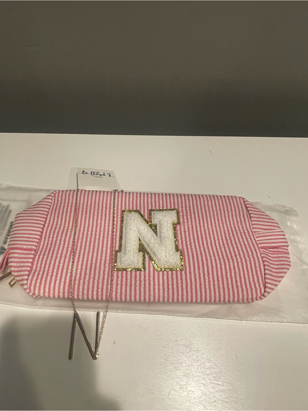 Pink and White Striped Cosmetic Pouch with 'N' Patch w/ “N” necklace included